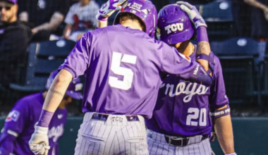 Lucas Franco and Jack Arthur celebrate tying the game against UCLA at Jackie Robinson Stadium on Feb. 22, 2026.