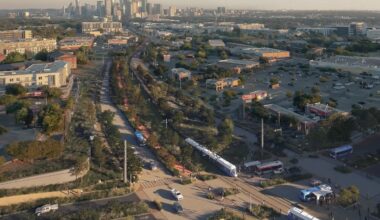 Aerial view of Austin, Texas, with computer generated imagery of light rail line added