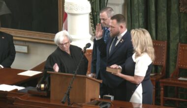 Texas Sen. Taylor Rehmet, D-Fort Worth, being sworn into his position at the Texas Capitol on Feb. 19, 2026. (Spectrum News 1)