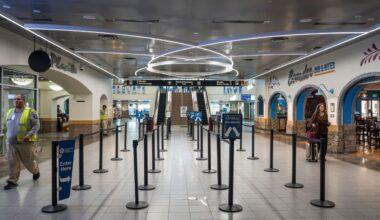The entrance to the TSA security area after the abrupt closing and reopening of El Paso International Airport in El Paso, Texas, Feb. 11, 2026. The Federal Aviation Administration, citing the “grave risk of fatalities” from a new technology being used on the Mexican border, was caught in a stalemate with the Pentagon, which deemed it “necessary.” (Paul Ratje/ The New York Times)