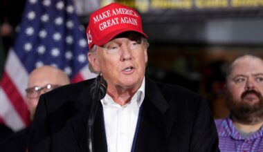 Former President Donald Trump speaks at the East Palestine Fire Department as he visits the area in the aftermath of the Norfolk Southern train derailment Feb. 3 in East Palestine, Ohio, Feb. 22, 2023. (AP Photo/Matt Freed,)