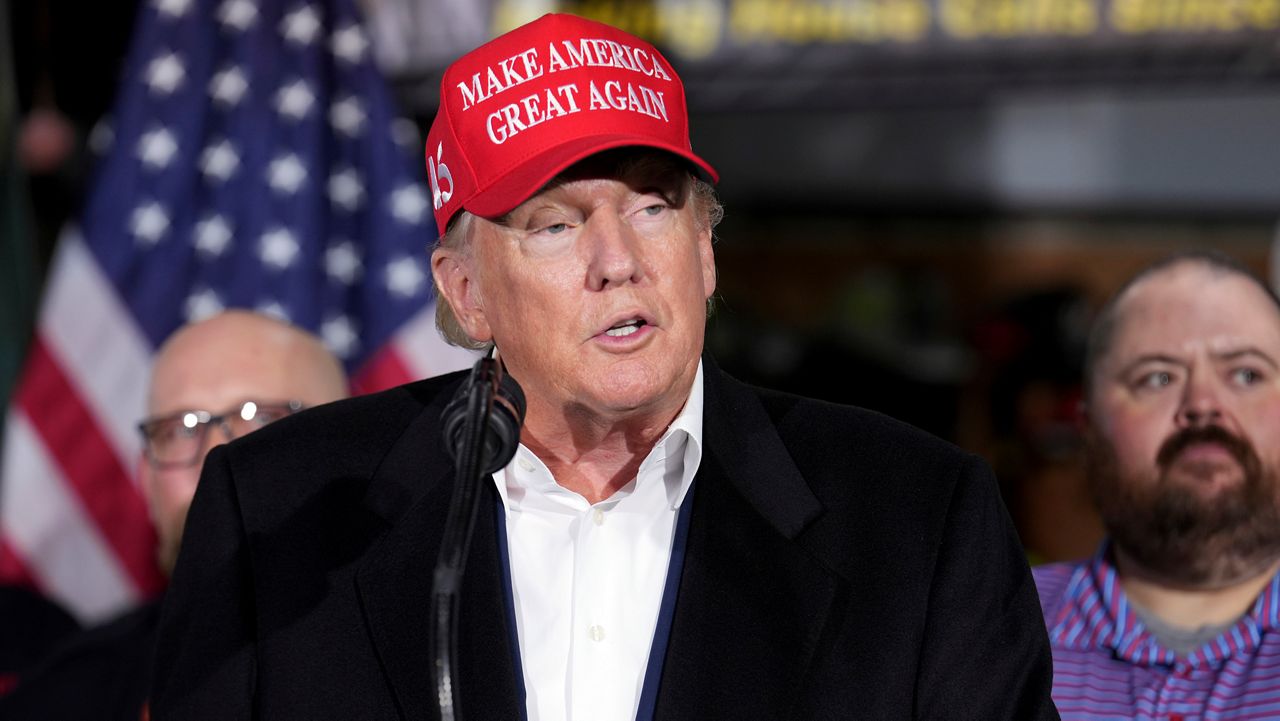 Former President Donald Trump speaks at the East Palestine Fire Department as he visits the area in the aftermath of the Norfolk Southern train derailment Feb. 3 in East Palestine, Ohio, Feb. 22, 2023. (AP Photo/Matt Freed,)