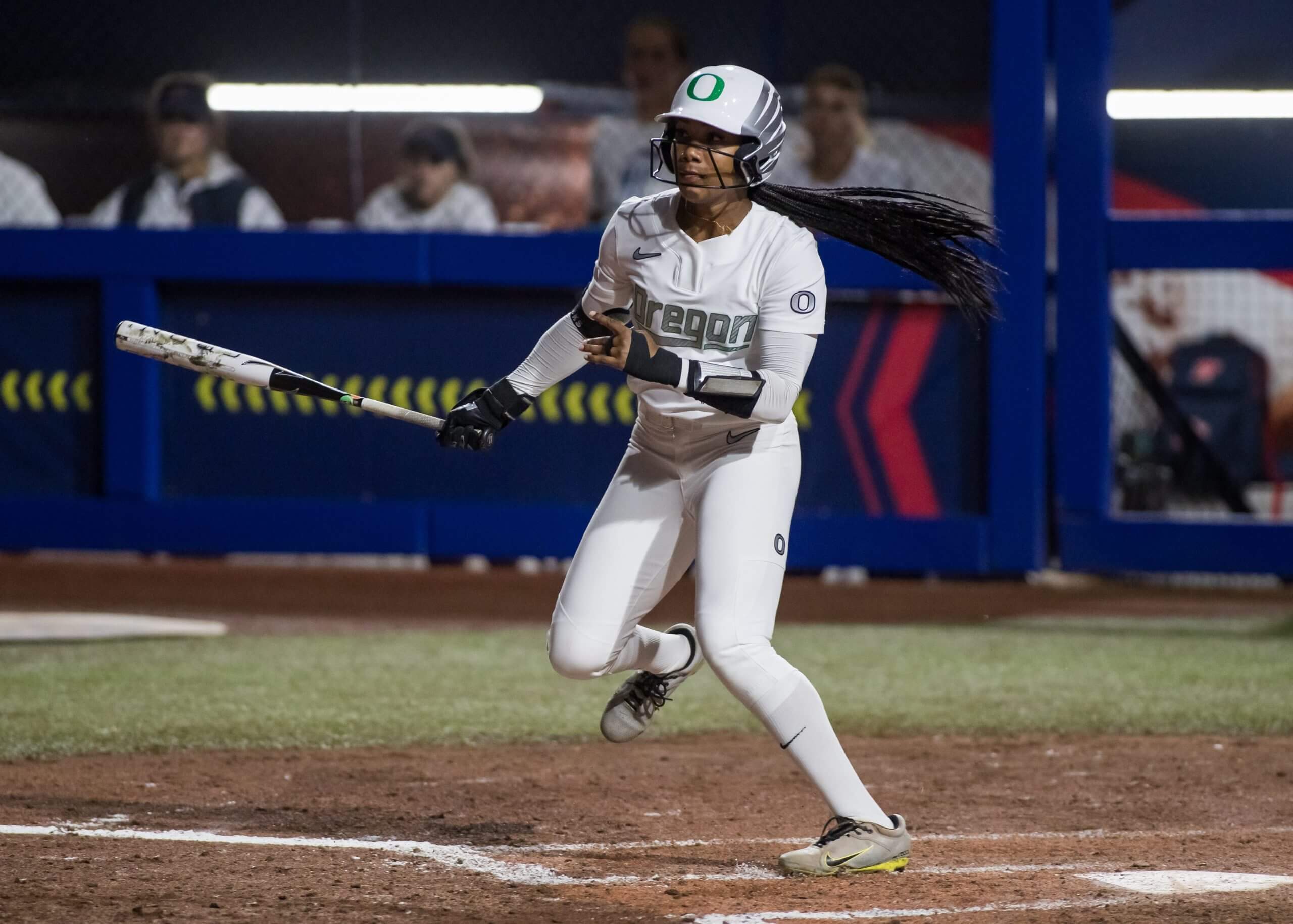 Oregon's Ayanna Shaw looks on after making a swing. 