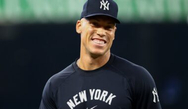 Aug 5, 2025; Arlington, Texas, USA; New York Yankees designated hitter Aaron Judge (99) warms up before the game against the Texas Rangers at Globe Life Field. Mandatory Credit: Kevin Jairaj-Imagn Images
