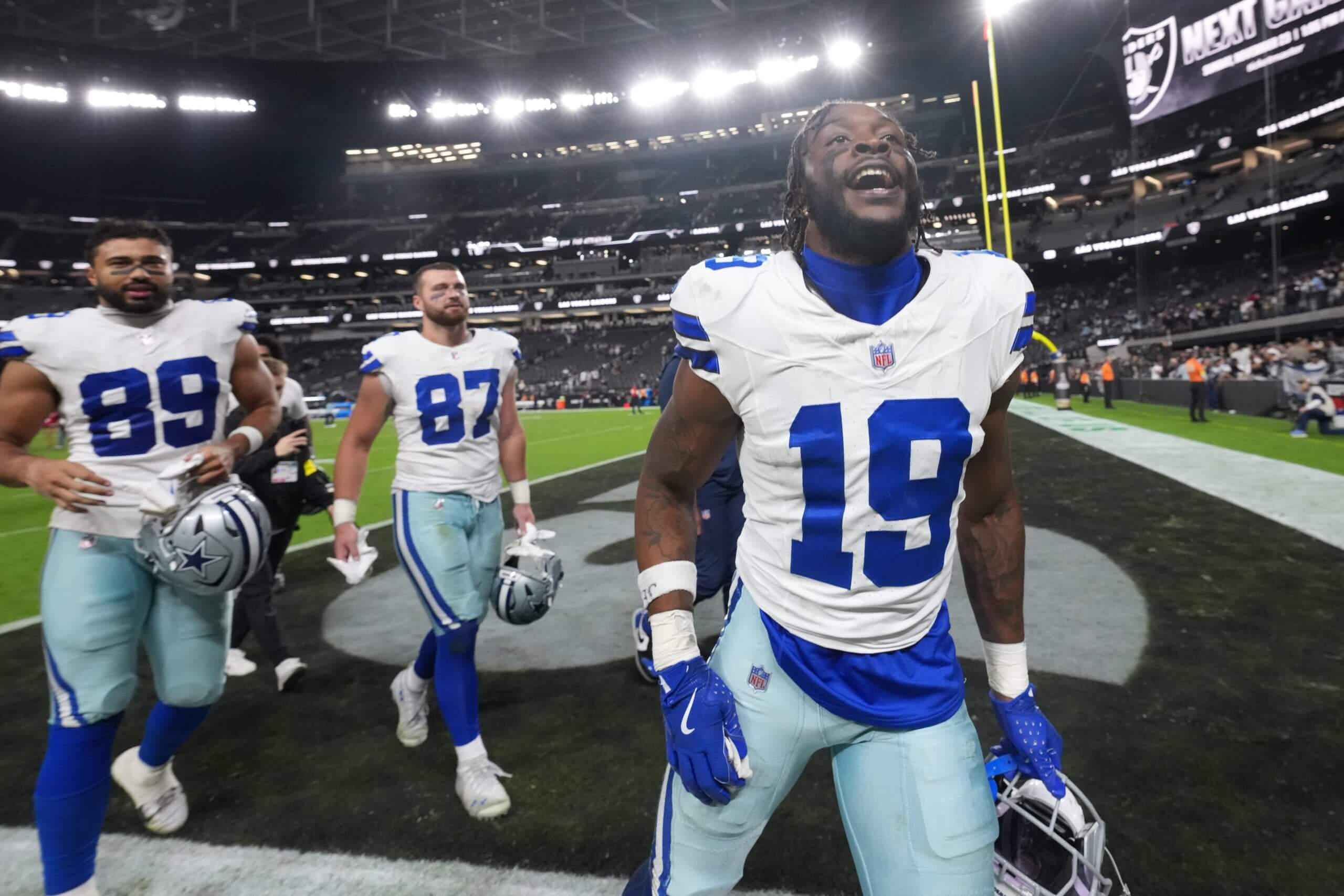 Dallas Cowboys wide receiver Ryan Flournoy (19) reacts toward the stands as he leaves the field following a game against the Las Vegas Raiders at Allegiant Stadium.