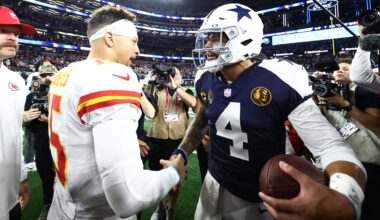 Nov 27, 2025; Arlington, Texas, USA; Kansas City Chiefs quarterback Patrick Mahomes (15) and Dallas Cowboys quarterback Dak Prescott (4) greet each other after the game at AT&T Stadium.