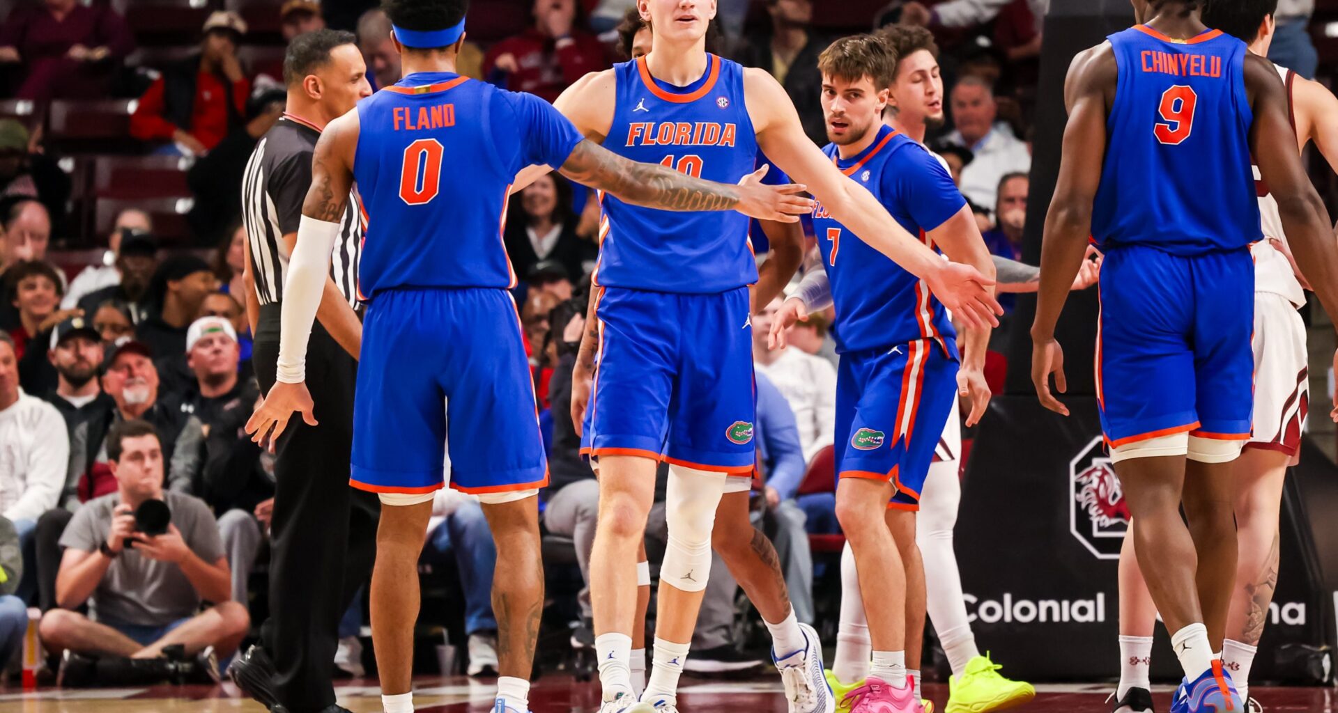 Florida basketball's Thomas Haugh celebrates after scoring against South Carolina in Columbia on Jan. 28, 2025.