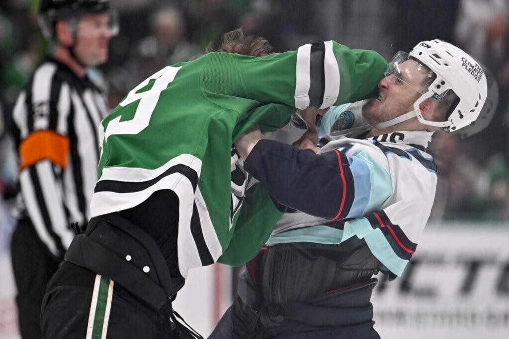 Dallas Stars forward Justin Hryckowian vs Seattle Kraken