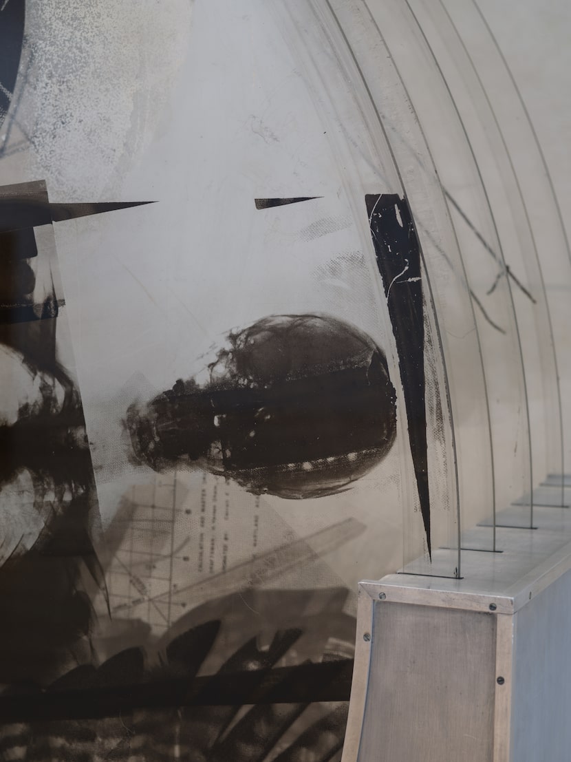 Installation view of Robert Rauschenberg, "Revolver VI" (detail), 1967. Silkscreen ink on...