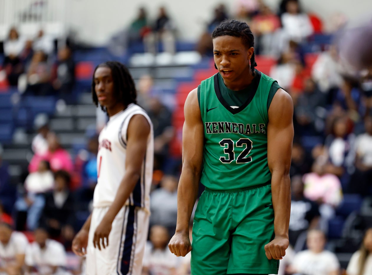 Kennedale guard Mason Forbes (32) reacts after basket during the first half of a District...