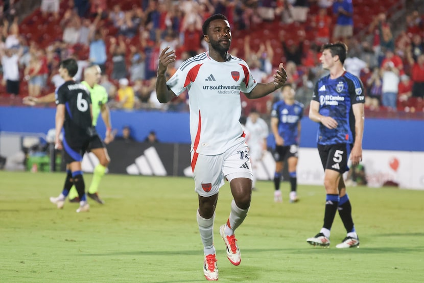FC Dallas defender Shaq Moore (18) celebrates his goal during the second half of an MLS game...