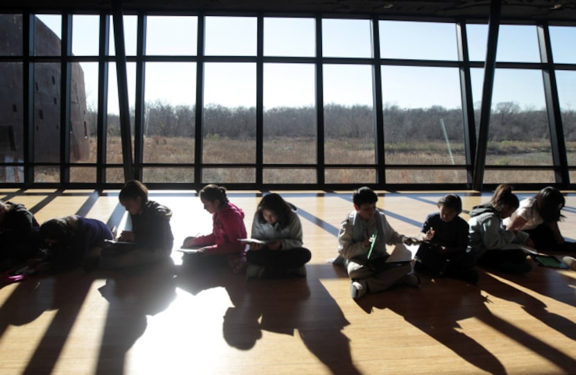 Fifth-graders from Stevens Park Elementary take a pretest at the Trinity River Audubon...