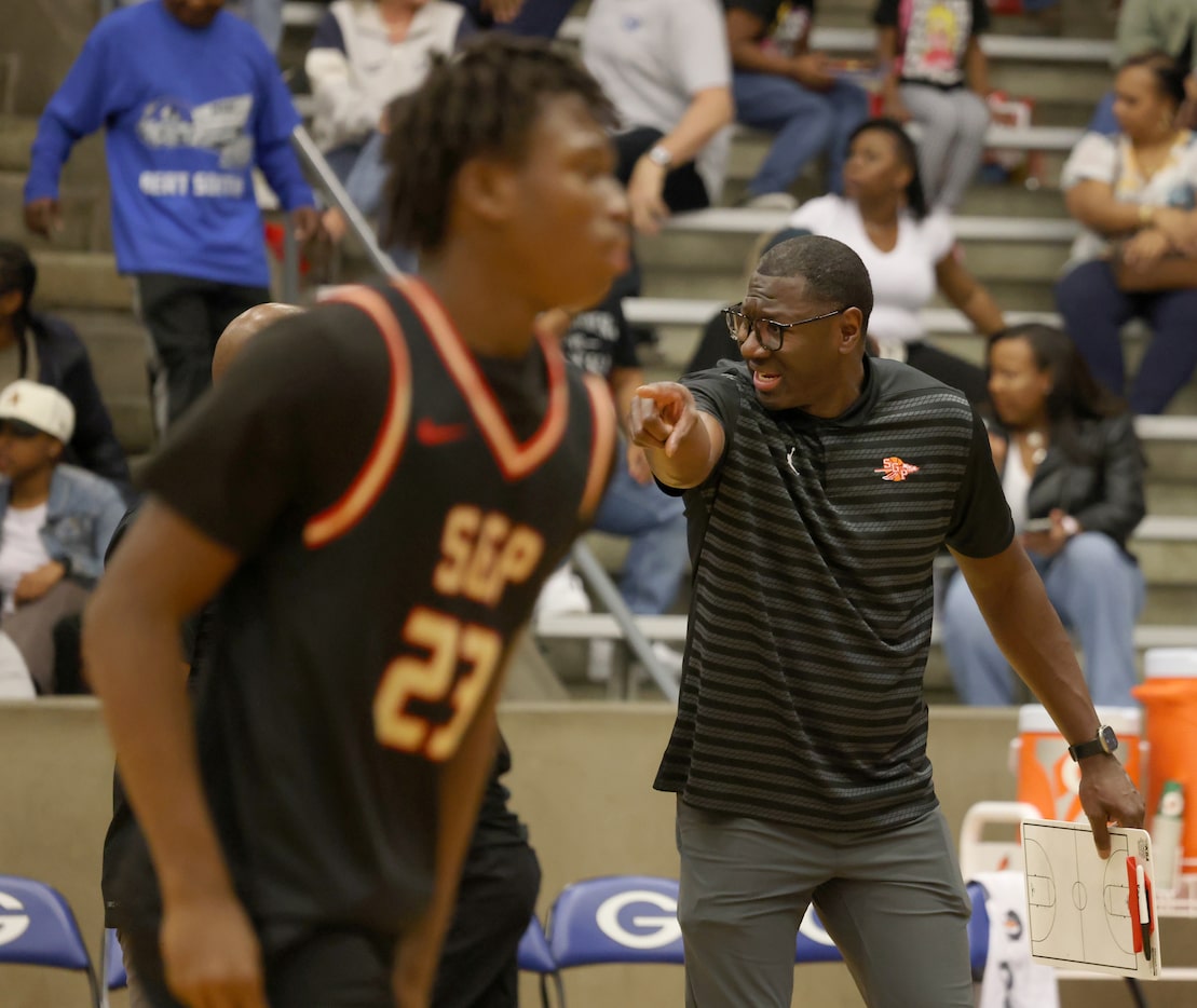 South Grand Prairie head coach Brandon Bennett expresses his frustration at a defensive...