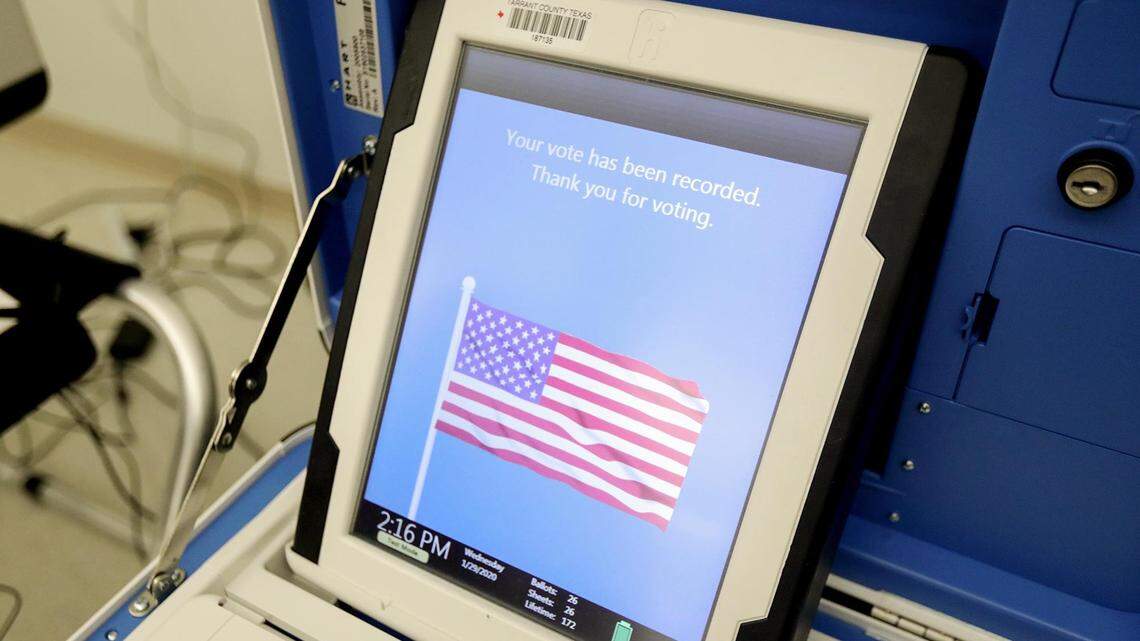 A demonstration voting machine at the Tarrant County Election Administration displays the screen voters will see after casting their ballot on Wednesday, January 29, 2020, in Fort Worth.  The 2025 local runoff election will take place on June 7.