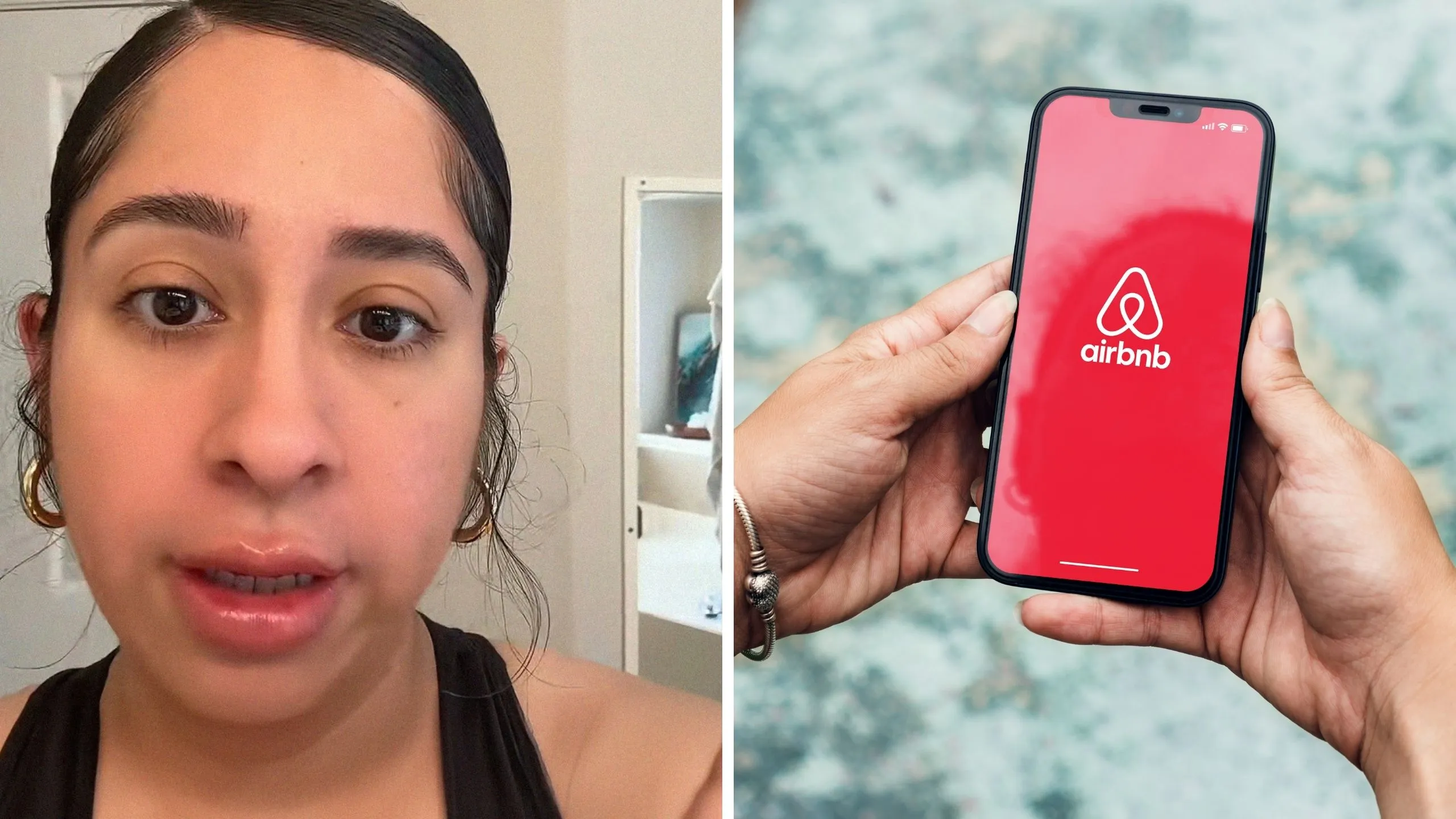woman shares air bnb encounter (l) woman on air bnb app (r)