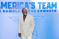 Former Dallas Cowboys Pro Football Hall of Famer Emmitt Smith poses for photos on the blue...