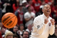 Texas Tech head coach Grant McCasland yells instructions during the second half in an NCAA...