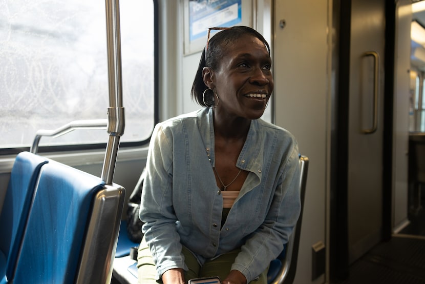 Garland resident Shontia Brown rides the DART Feb. 9, 2026 in Dallas. She just moved back...