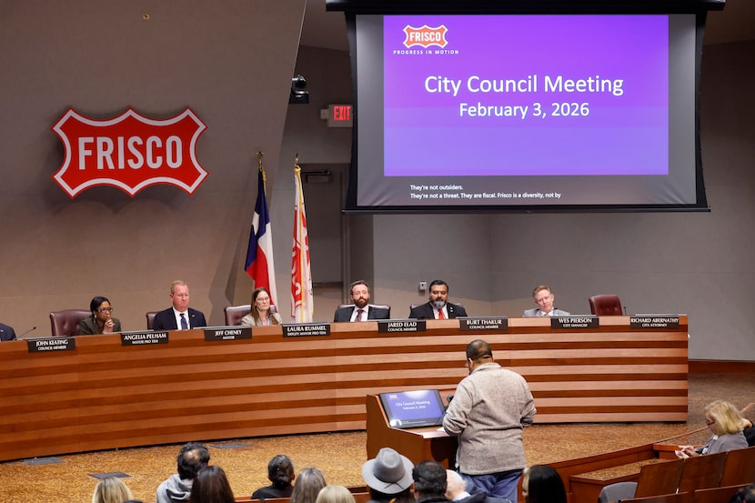 Frisco City Council men and women listen to people who spoke out about the growing number of...