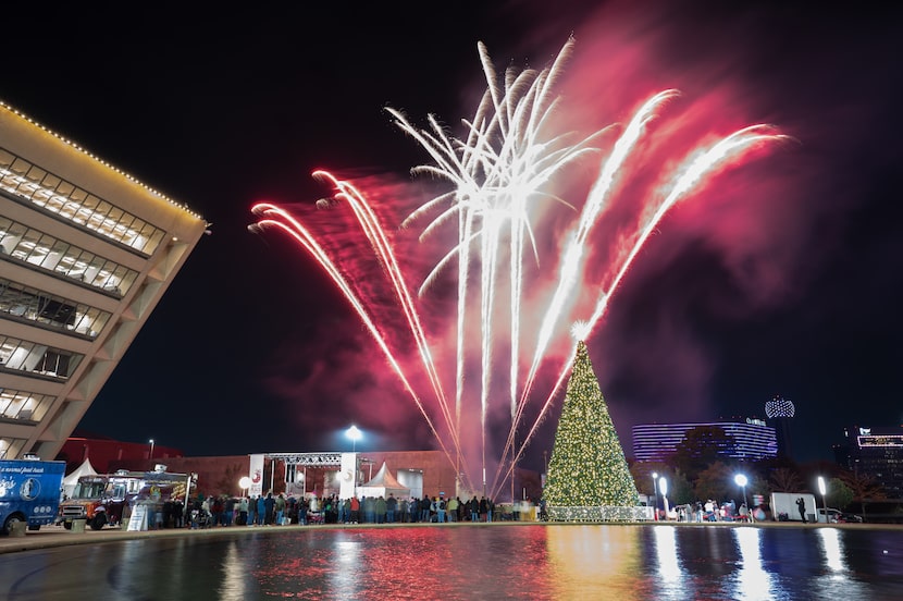 Fireworks at the Deck the Plaza event outside of Dallas City Hall, on Friday, Dec. 05, 2025....