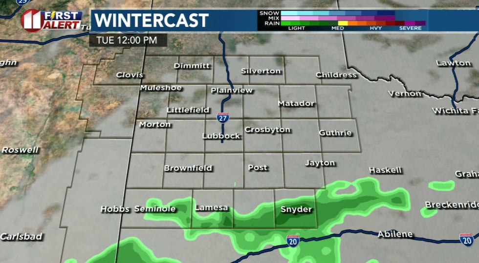 Spotty light rain showers, favoring the southern viewing area, expected Tuesday.