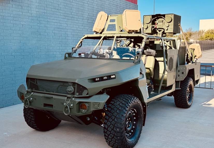 A US Army M1301 Infantry Squad Vehicle equipped with a BlueHalo LOCUST Laser Weapon System, 2025.