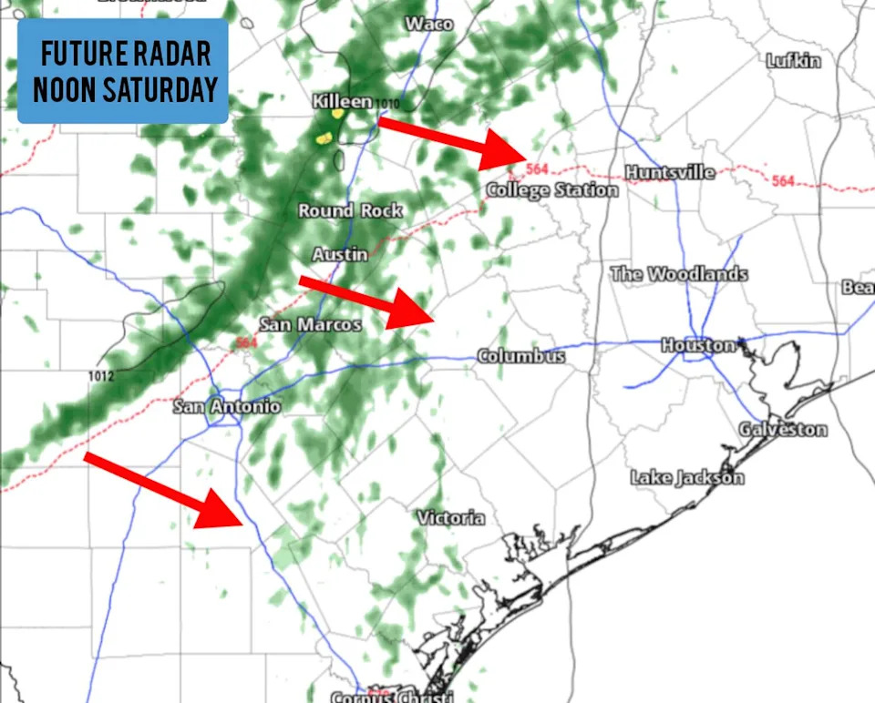 Here is the potential future weather radar for Texas at noon Saturday, which shows a line of showers and storms moving toward the Interstate 35 corridor. (Pivotal Weather)