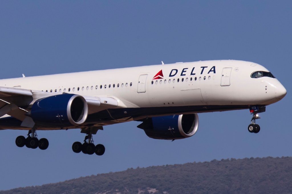 Delta Air Lines Airbus A350-900 passenger aircraft on final approach for landing at Athens International Airport.