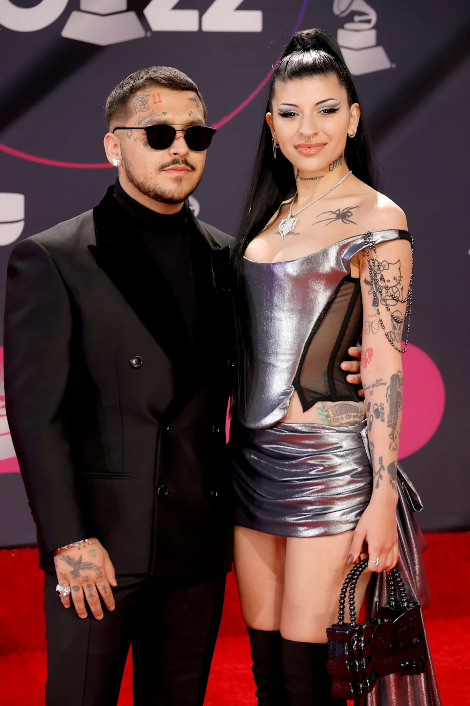 (L-R) Christian Nodal and Cazzu attend the 23rd Annual Latin GRAMMY Awards at Michelob ULTRA Arena on Nov. 17, 2022 in Las Vegas.