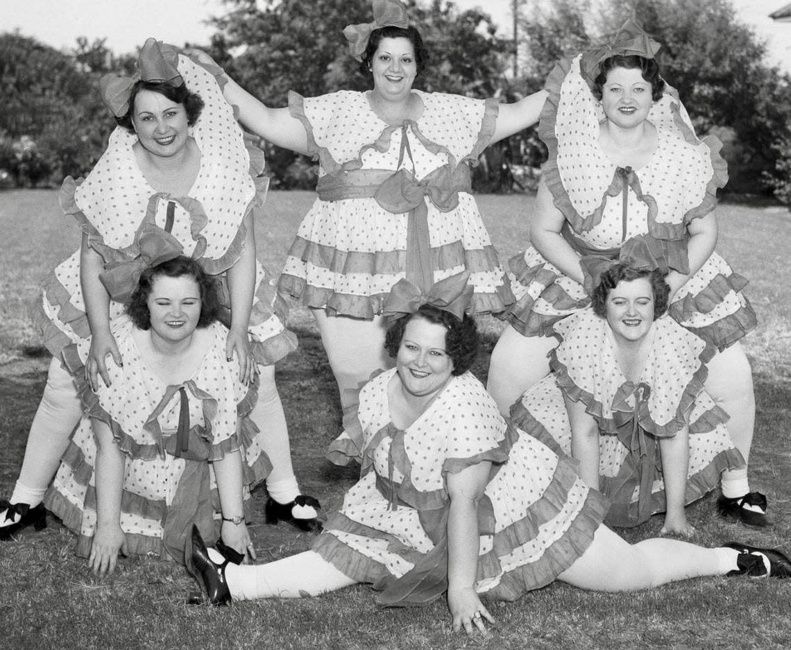 The “Six Tiny Rosebuds” dance troupe was featured in director Billy Rose’s Honky Tonk Parade during the Frontier Centennial. The troupe members were Muriel Fuller, Florence Mann, Mildred Monti, Betty Pryor, Nella Plaston, and Helen Summers.
