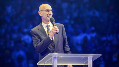 Jan 5, 2022; Dallas, Texas, USA; NBA commissioner Adam Silver addresses the crowd after the game between the Dallas Mavericks and the Golden State Warriors at the American Airlines Center. Mandatory Credit: Jerome Miron-USA TODAY Sports