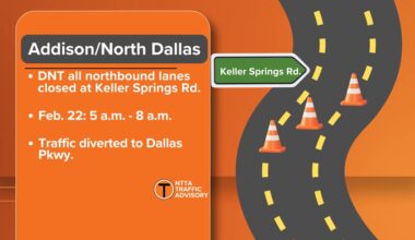 Northbound Dallas North Tollway shuts down in Addison on Sunday