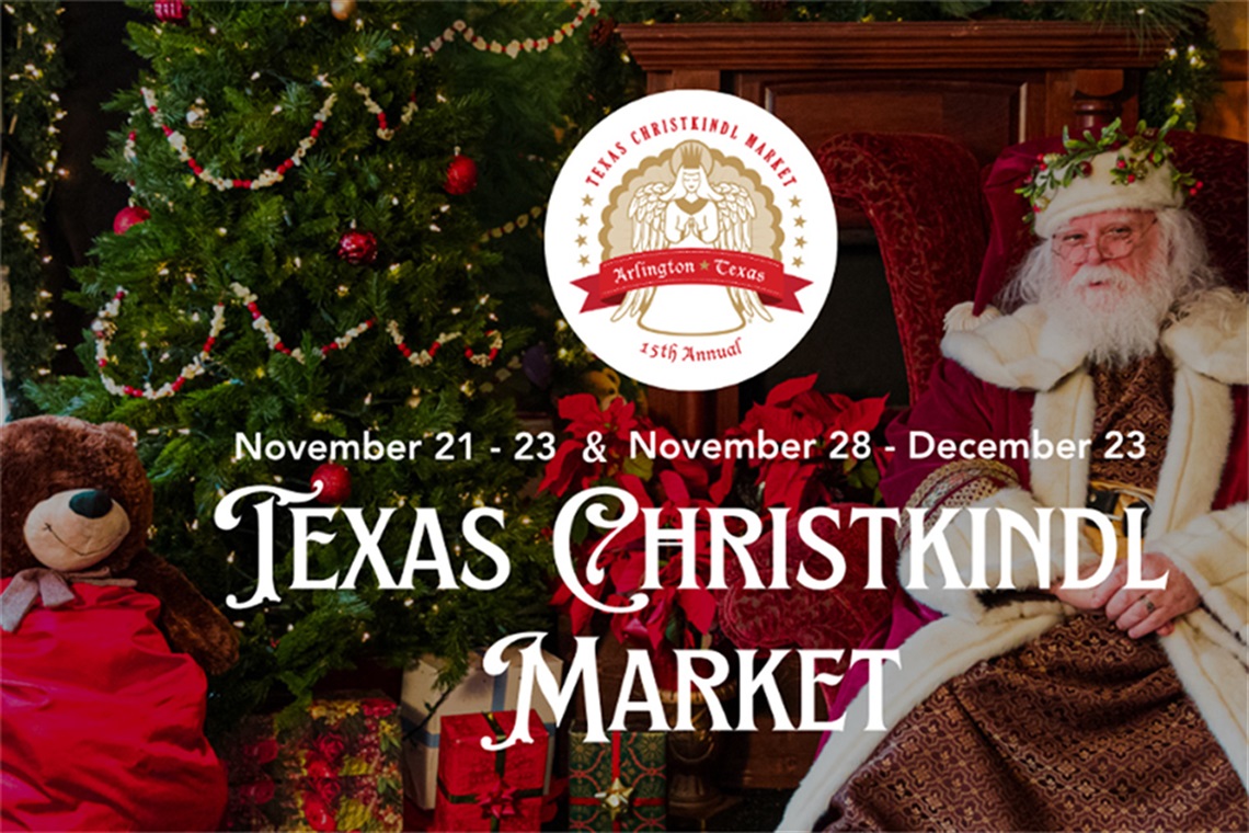 Texas Christkindle Market text overlaid on a photo of Santa next to a teddy bear