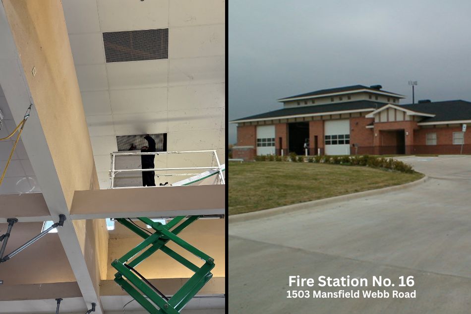 A city employee installs vented grills in the bay ceiling of Fire Station No. 16 to allow heat into the attic space, which will prevent pipes from freezing.