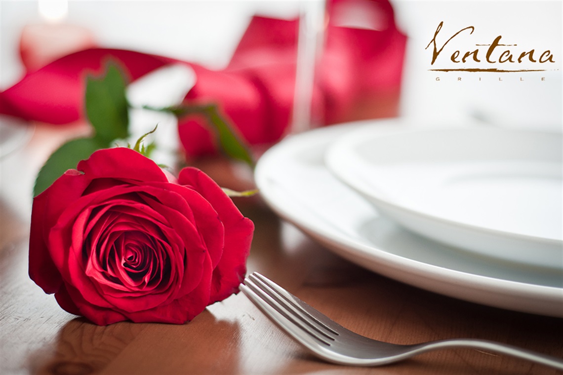 Restaurant table with Valentine's Day decoration at Ventana Grille