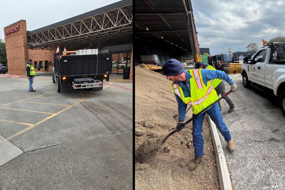 Public Works crews applying salt brine at the emergency entrance to Arlington Memorial Hospital and loading up a vehicle with