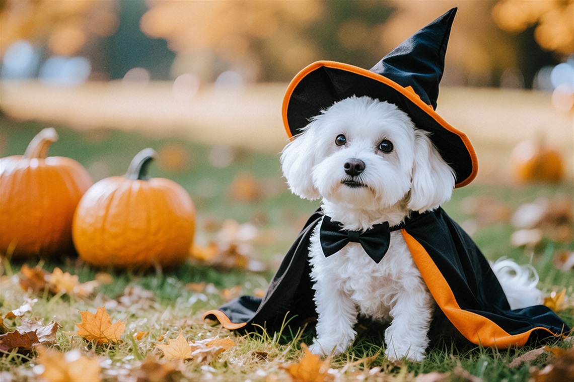 A cute white dog is dressed up in a witch costume with pumpkins and autumn leaves in the background, celebrating Halloween.