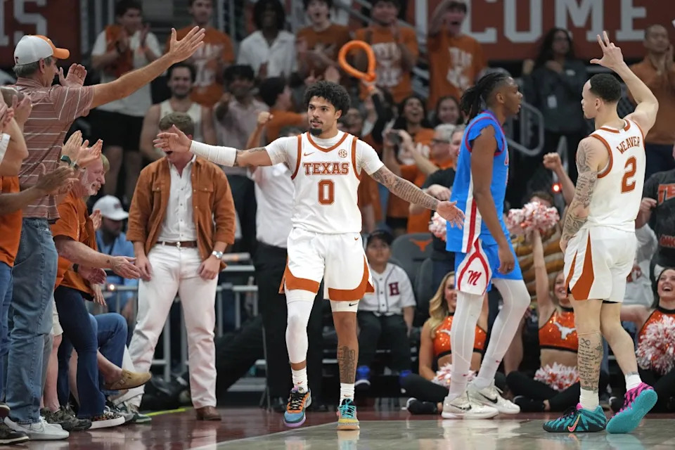AUSTIN, TEXAS – FEBRUARY 7: Jordan Pope #0 and fans react after Pope scores a three point basket during the second half against the Ole Miss Rebels at Moody Center on February 7, 2026 in Austin, Texas. (Photo by Scott Wachter/Getty Images)