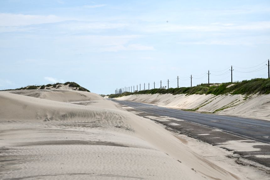 A view of dunes are seen near a beach in South Padre Island, Texas, on August 25, 2025.