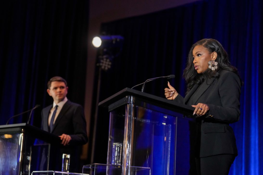 State Rep. James Talarico, left, and US Rep. Jasmine Crockett during a debate in Georgetown, Texas, on January 24.