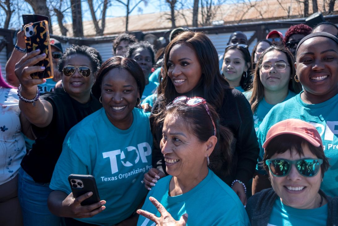 Rep. Jasmine Crockett gathers with supporters at a campaign rally on February 22 in San Antonio, Texas.