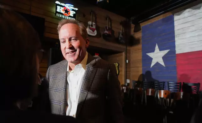 Texas Attorney General Ken Paxton, a Republican candidate for the U.S. Senate, speaks to a supporter during a campaign event, Monday, Feb. 16, 2026, in Tyler, Texas. (AP Photo/Julio Cortez)
