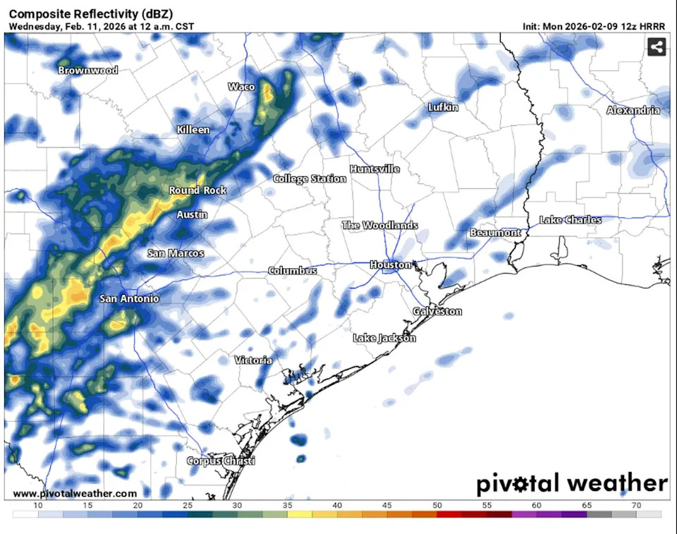 Rain showers will begin Tuesday evening, peaking overnight. Here’s a look at what the weather radar could look like at midnight Wednesday. (Pivotal)