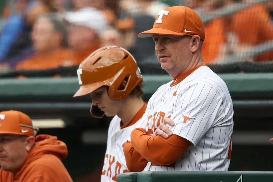AUSTIN, TX – FEBRUARY 21: Head coach Jim Schlossnagle of the Texas Longhorns watches play during the college baseball game between Texas Longhorns and Michigan State Spartans on February 21, 2026, at UFCU Disch-Falk Field in Austin, TX. (Photo by David Buono/Icon Sportswire via Getty Images)