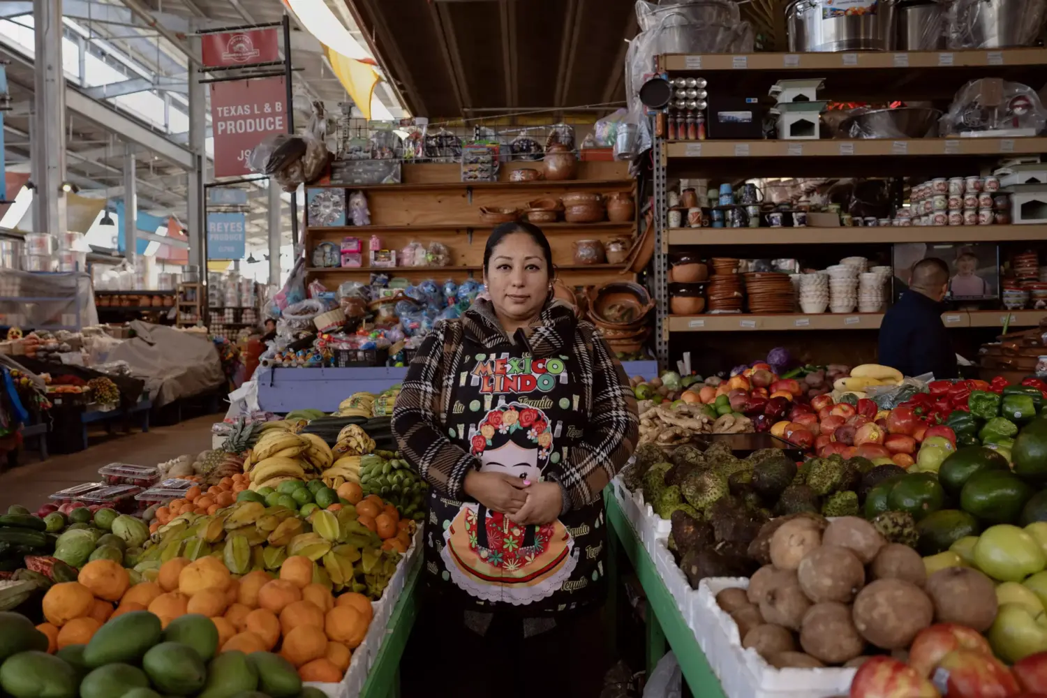 Lupita Gutierrez, a fruit and vegetable vendor, poses for a portrait on Jan. 14 at the Houston Farmer’s Market in Houston. Gutierrez says she thinks Trump ordered the intervention in Venezuela to distract Americans from his failure to address inflation and other issues at home.