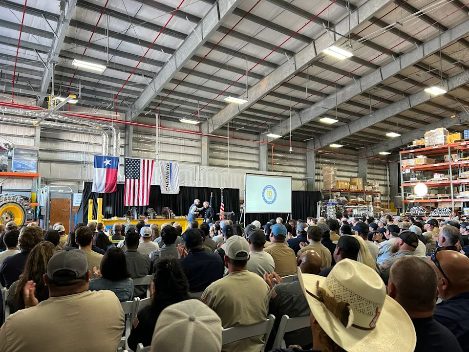 U.S. Secretary of Energy Chris Wright greets Cheniere CEO Jack Fusco before speaking with Cheniere Corpus Christi Liquefaction facility employees on Feb. 26.