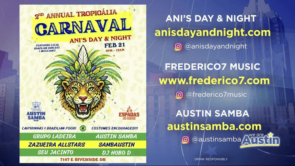 For more information, visit Ani’s Day and Night online, Frederico7.com,  or follow Austin Samba on social media for event details and updates!