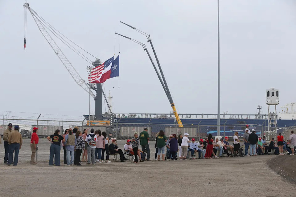 Supporters of President Donald Trump line up outside the Ortiz Center, where Trump was expected to make remarks on Feb. 27, 2026.