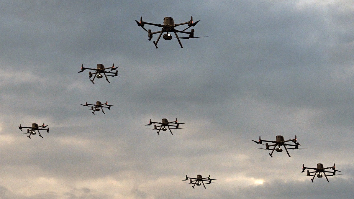 This view shows drones during the activation of the first unmanned aircraft battalion at the military base in Tolemaida, Colombia, on October 10, 2025. The Colombian army unveiled its first drone battalion on October 10, 2025, designed to attack and defend against illegal armed groups such as guerrillas, which use this type of aircraft to target both military personnel and civilians in a tactic that has transformed the armed conflict.