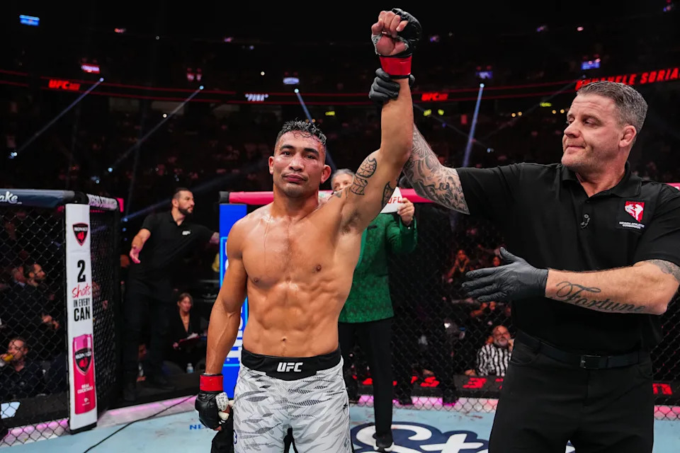 LAS VEGAS, NEVADA - OCTOBER 04: Punahele Soriano reacts to his win in a welterweight fight during the UFC 320 event at T-Mobile Arena on October 04, 2025 in Las Vegas, Nevada. (Photo by Jeff Bottari/Zuffa LLC)
